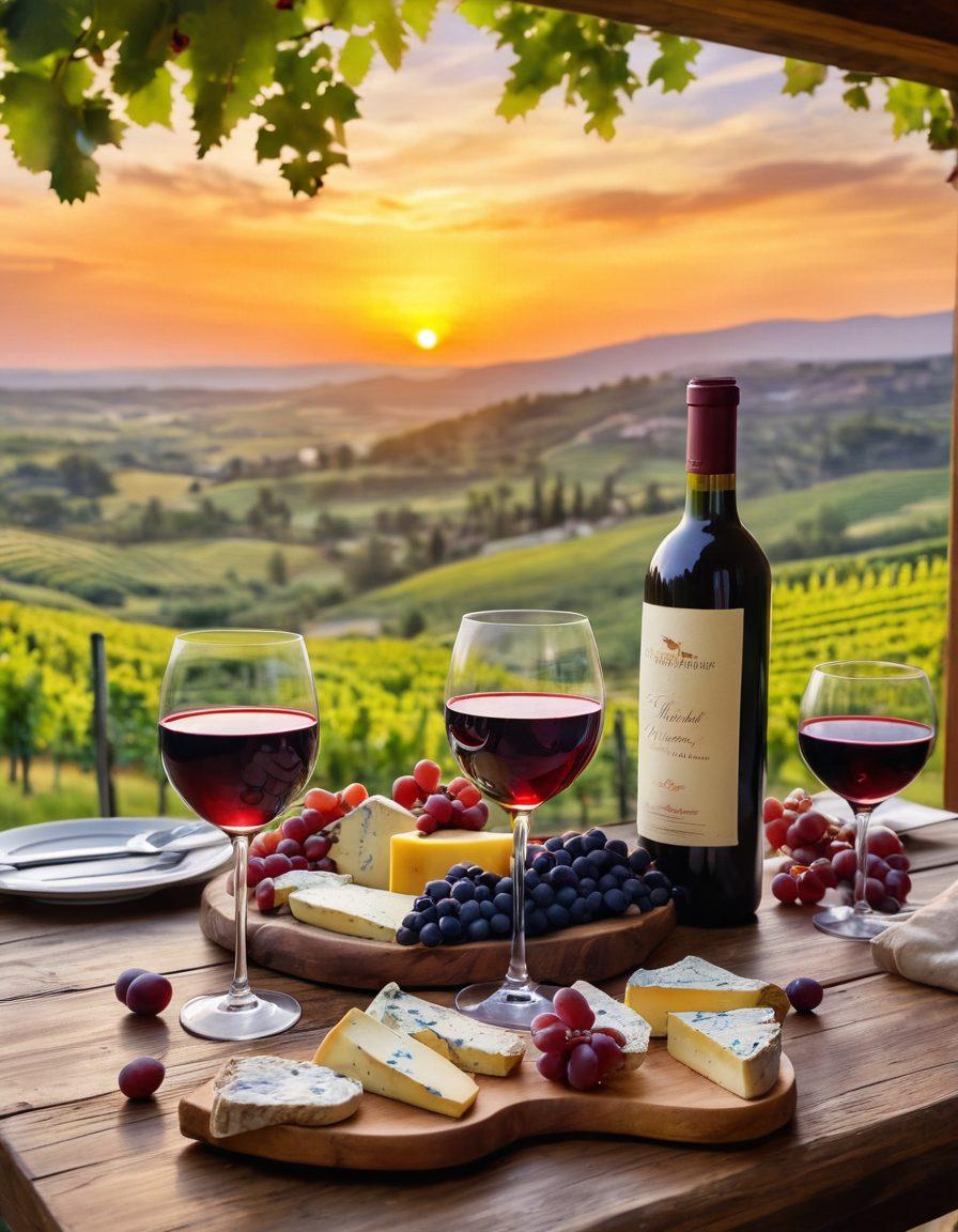 A beautifully set outdoor table with elegant wine glasses filled with rich red wine, surrounded by lush vineyards under a sunset sky. In the background, stylish accommodations with a rustic charm subtly blend into the landscape, inviting guests to experience luxury and nature. The foreground features an array of gourmet cheeses and grapes, enhancing the ambiance of tasting adventures. watercolor painting. vibrant colors. romantic atmosphere.