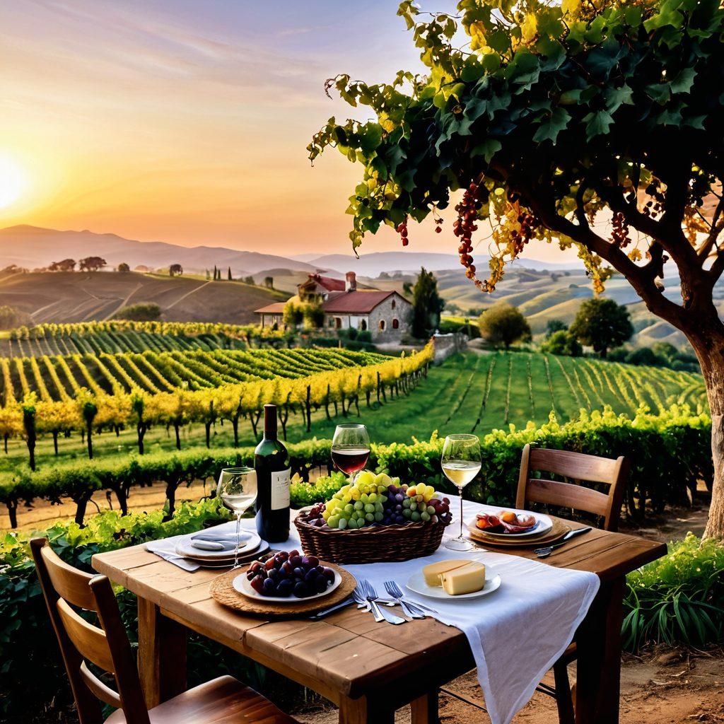 A picturesque vineyard landscape with rolling hills and lush grapevines under a golden sunset, featuring a charming villa nestled among the vines. Include a rustic wooden table set with an elegant wine tasting setup, complete with glasses, a bottle of rich red wine, and a cheese platter. A couple joyfully clinking glasses in the foreground, capturing the essence of a cozy getaway. Impressionistic style. warm colors. soft focus.
